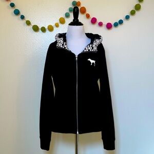 🆕 Victoria’s Secret PINK Black and White Zip Up Fleece Hoodie - Size Small